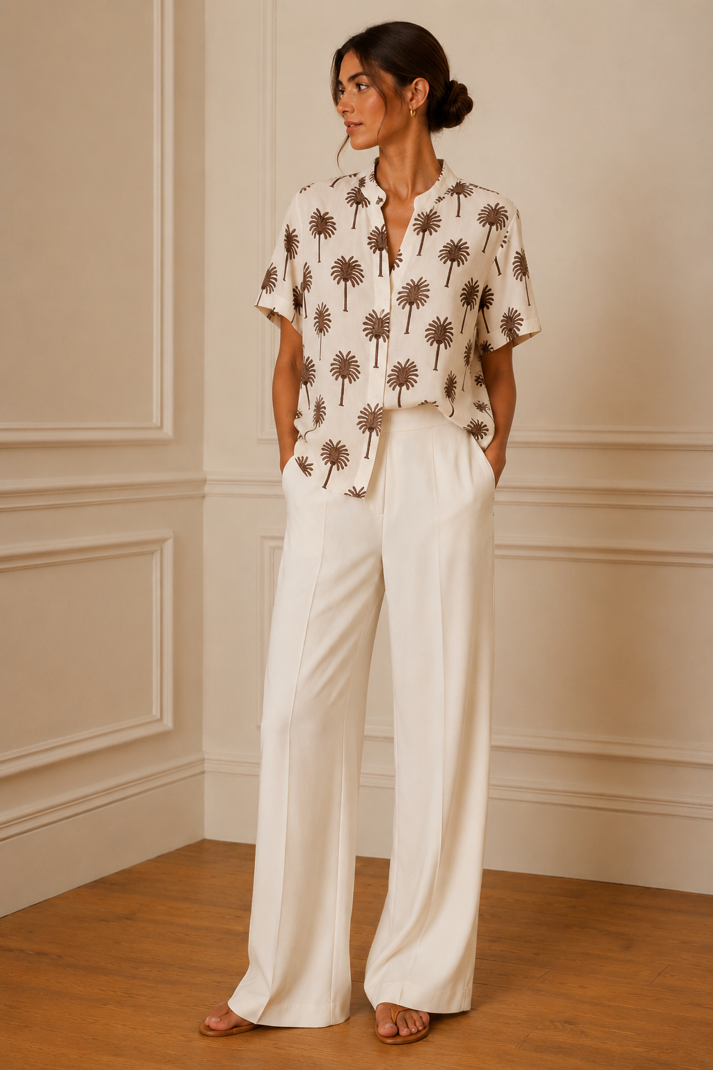 Camisa palmeras crema manga corta - vista frontal