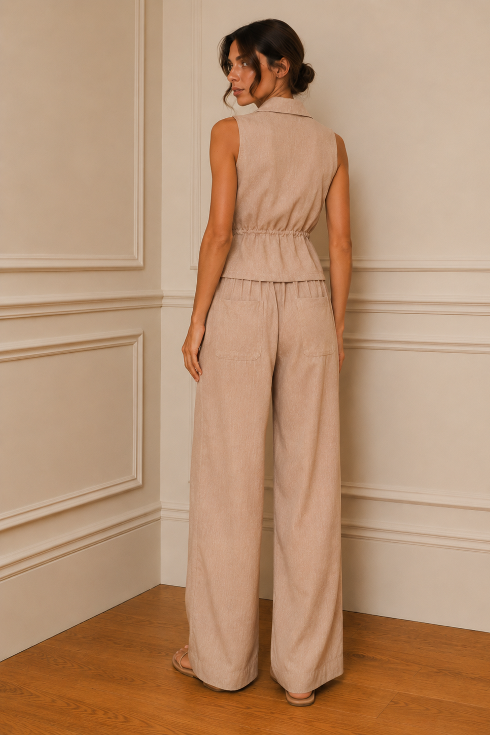 Pantalón wide leg beige con cordón safari