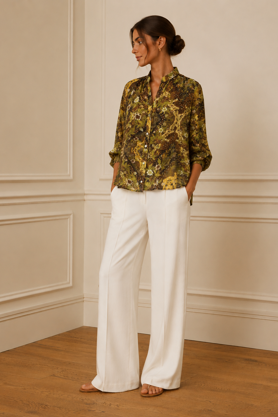 Camisa boho estampado floral dorado y verde