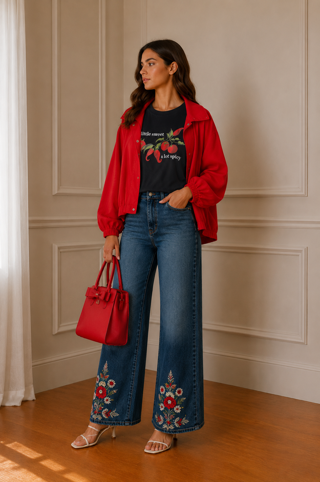 Gabardina roja manga globo - look casual con camiseta
