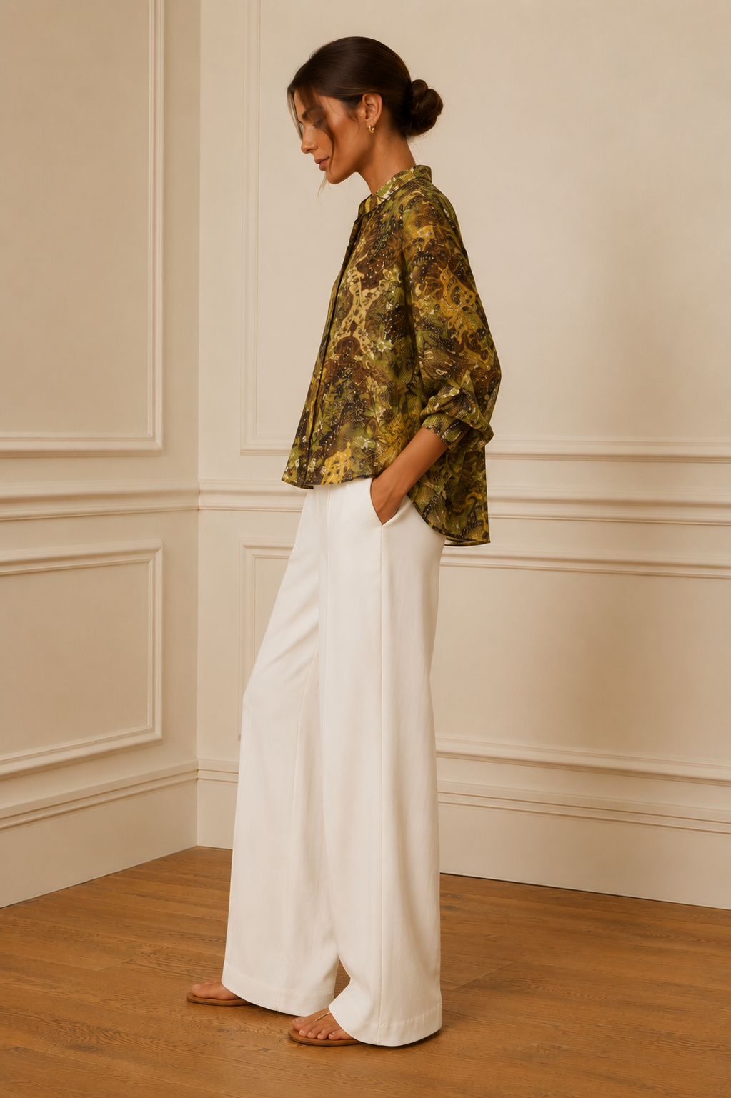 Camisa boho estampado floral dorado y verde