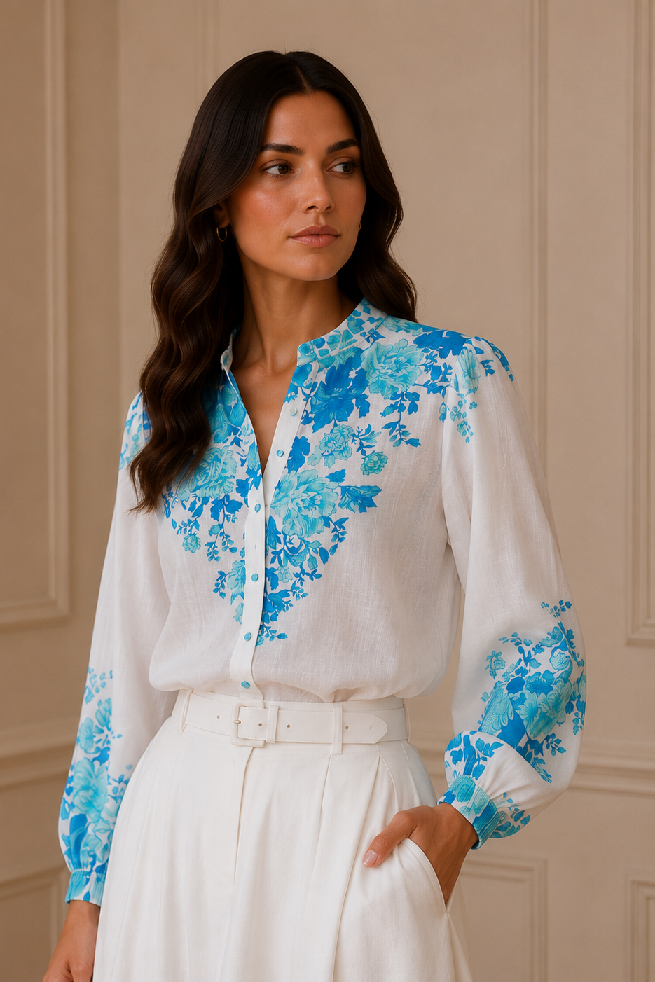 Camisa floral blanca estampado turquesa