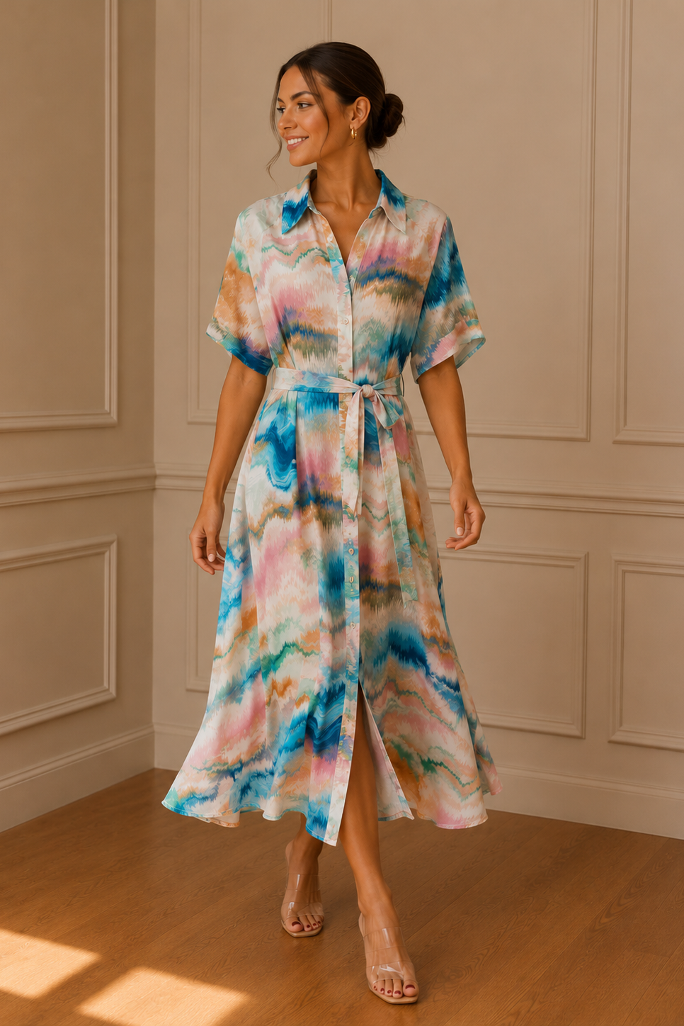 Vestido camisero midi acuarela - frontal con bolso
