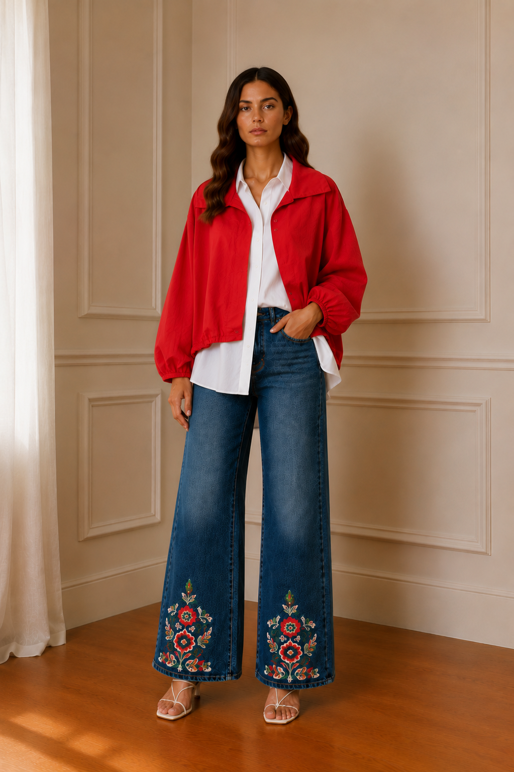 Gabardina roja manga globo botones dorados