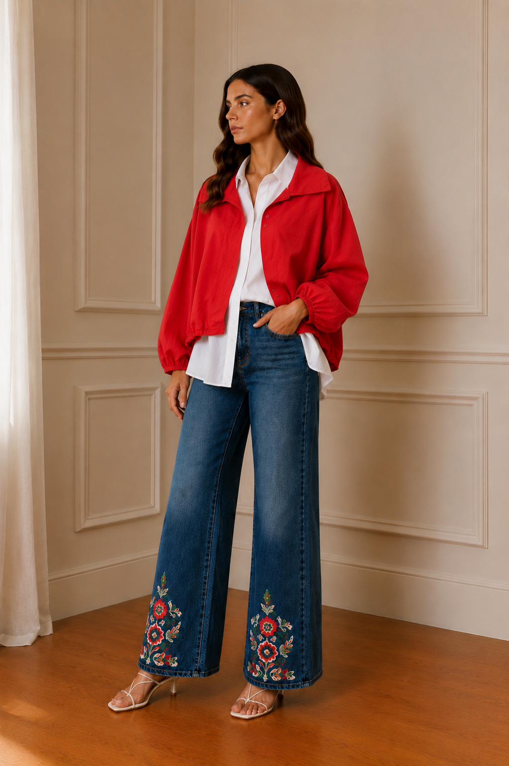 Gabardina roja manga globo - look con camiseta negra