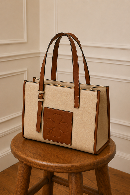 Bolso tote bicolor crema y camel - vista frontal con parche trébol