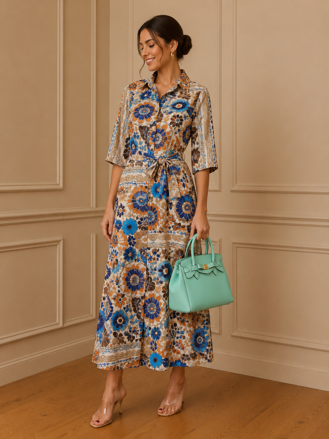 Vestido camisero midi estampado floral multicolor - detalle estampado
