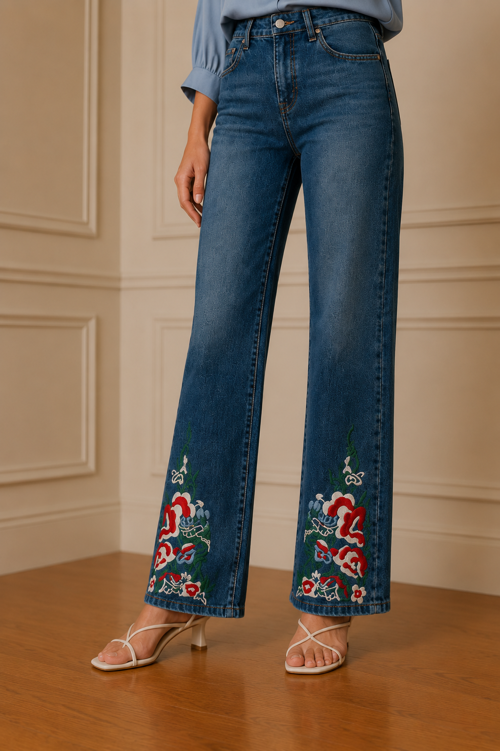 Vaquero wide leg bordado floral azul