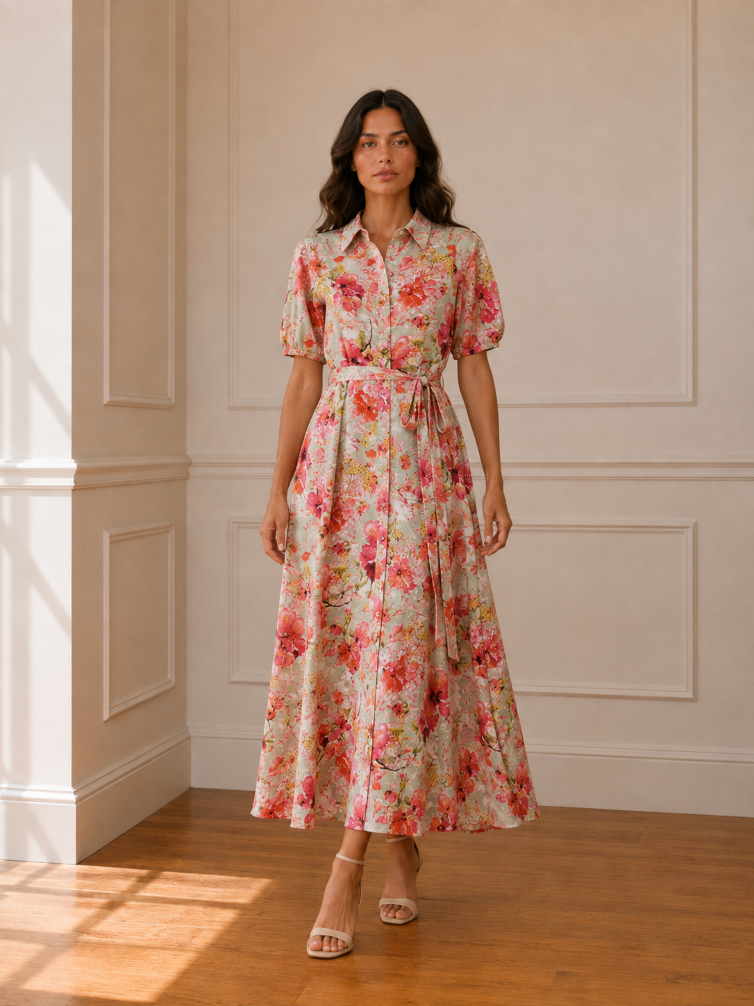 Vestido camisero floral midi con estampado rosa coral, vista alternativa