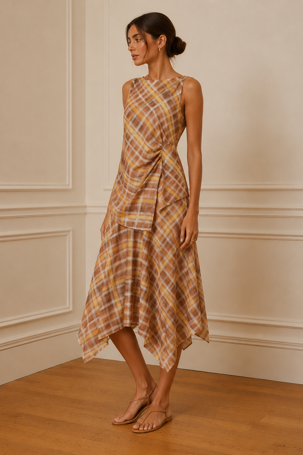 Vestido midi cuadros ocre drapeado - detalle drapeado