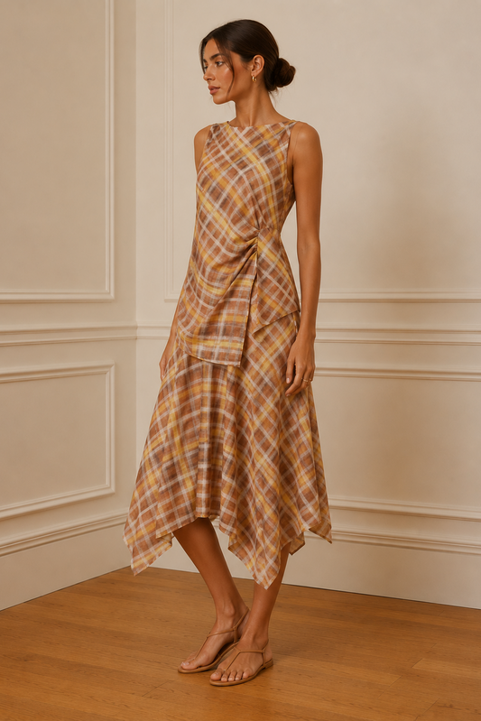 Vestido midi cuadros ocre drapeado - detalle drapeado