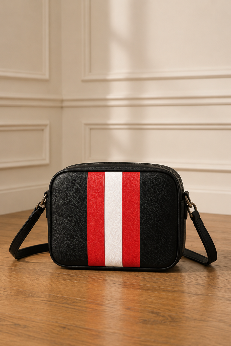 Bolso bandolera negro franjas rojo y blanco
