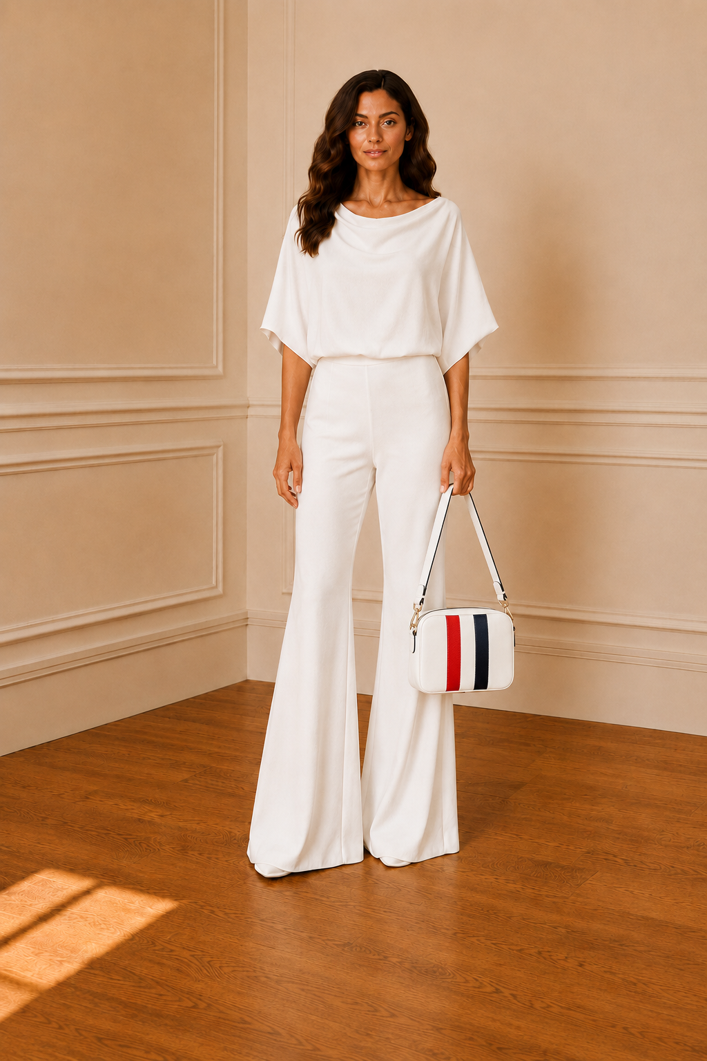 Top blanco manga pétalo - con bolso blanco franjas