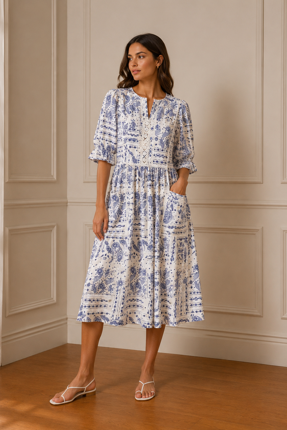 Vestido midi azul y blanco estampado paisley con guípur