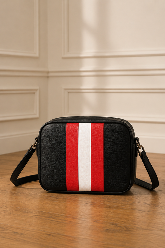 Bolso bandolera negro franjas rojo y blanco