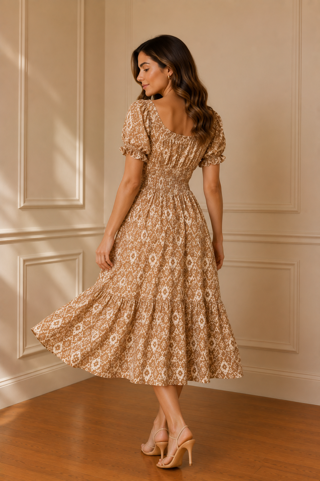 Vestido midi estampado geométrico beige