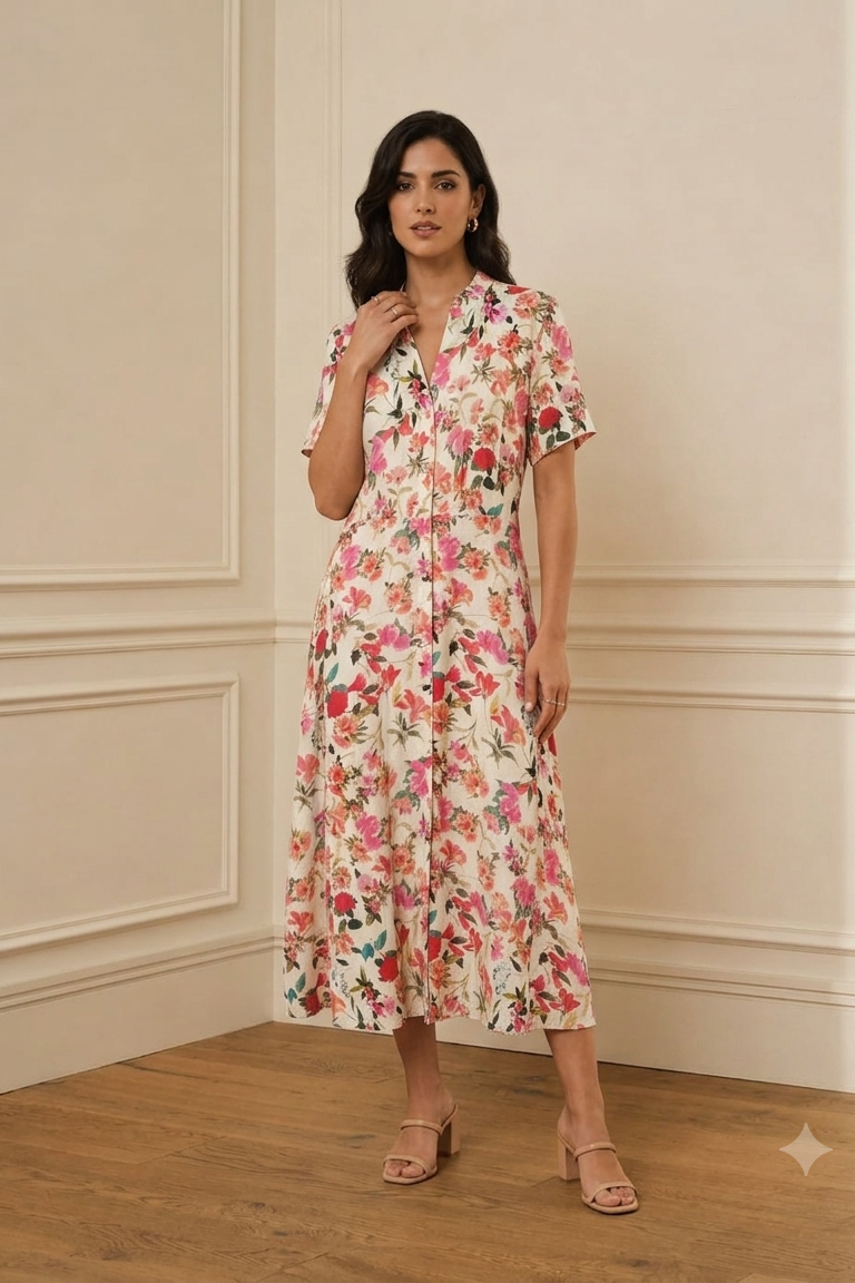 Vestido camisero midi floral rosa con abertura frontal