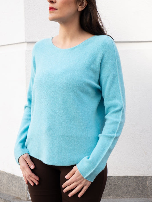 Jersey recto sin costuras cuello barco azul turquesa Muestrarios de ropa y moda de mujer vestir bien mujer mediana edad jerséis de colores 