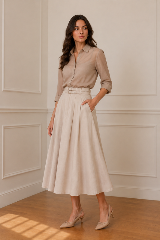 Falda midi beige con blusa estampado palmeras