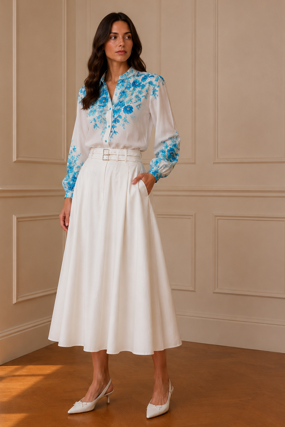 Camisa floral blanca estampado turquesa