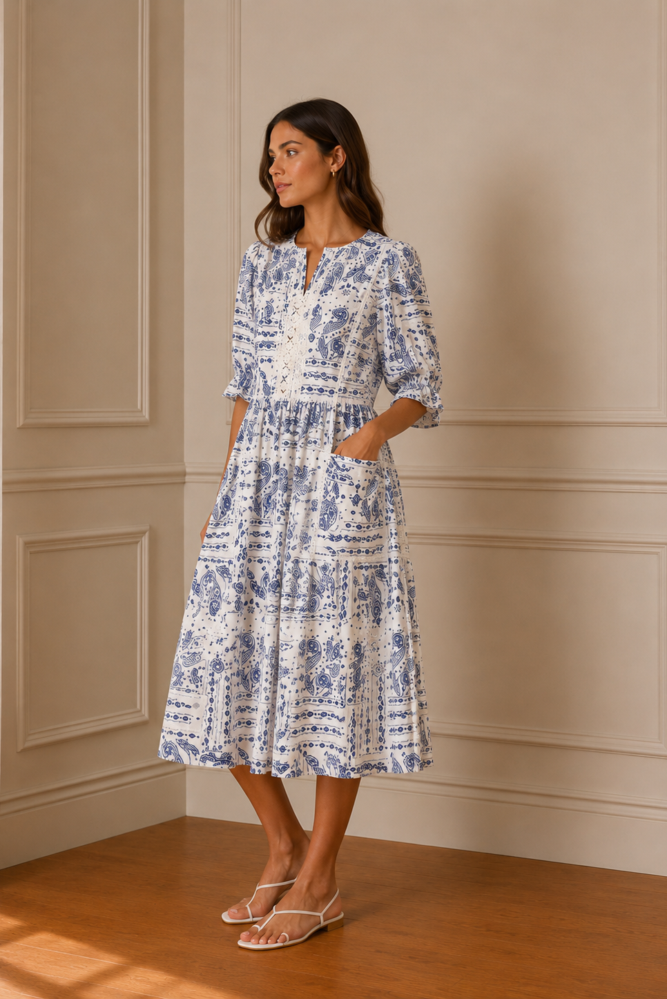 Vestido midi azul y blanco estampado paisley con guípur