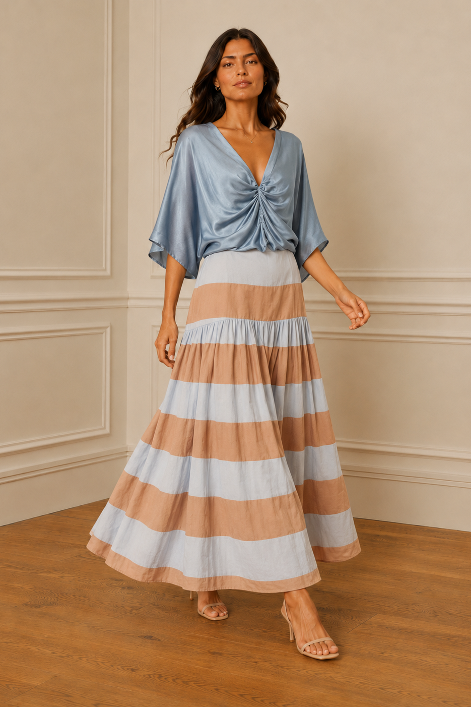 Falda midi rayas marineras azul claro y beige