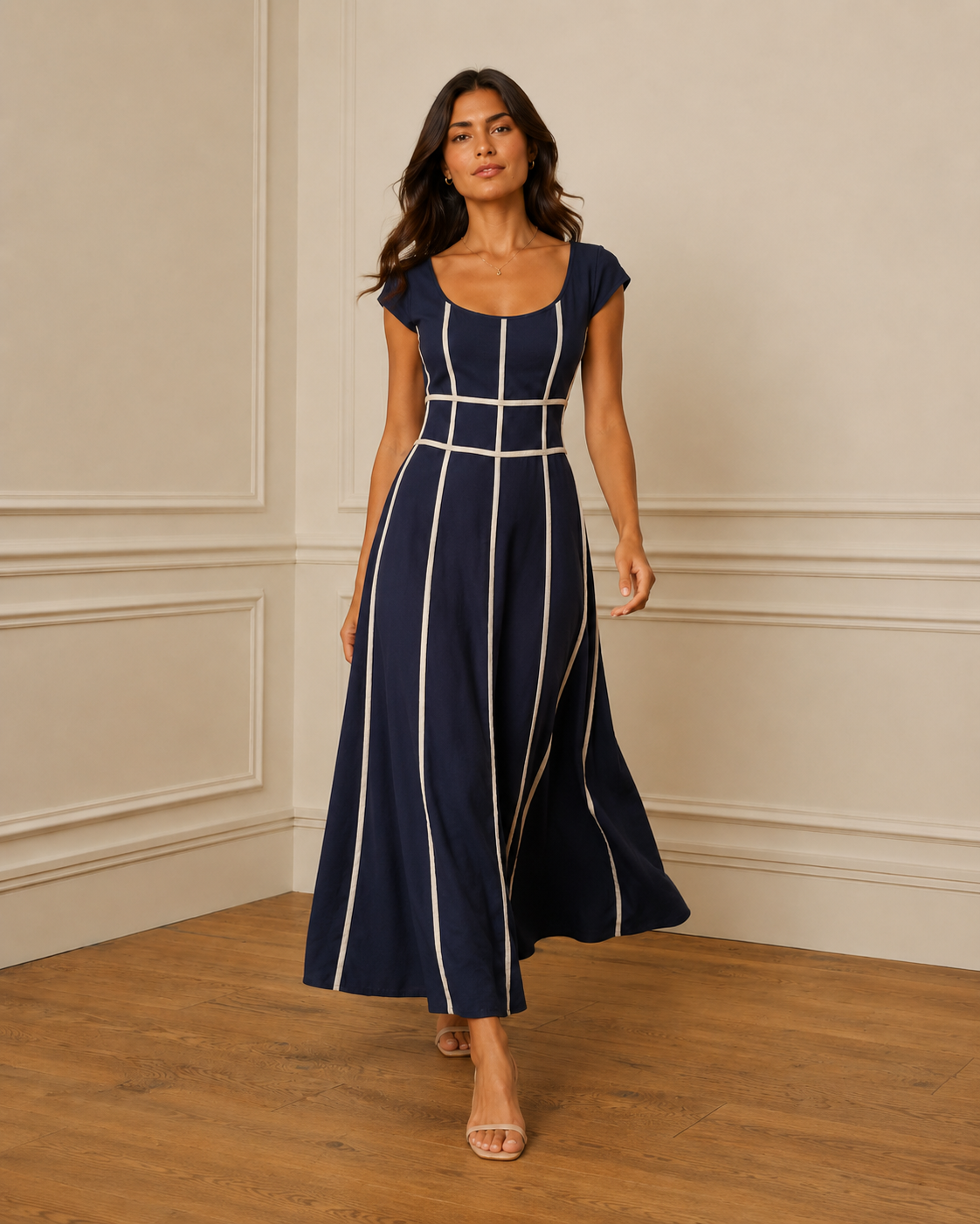 Vestido midi azul marino con rayas crema - vista en movimiento