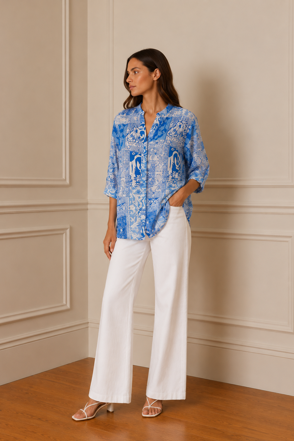 Camisa oversize patchwork azulejo - vista frontal cuerpo entero