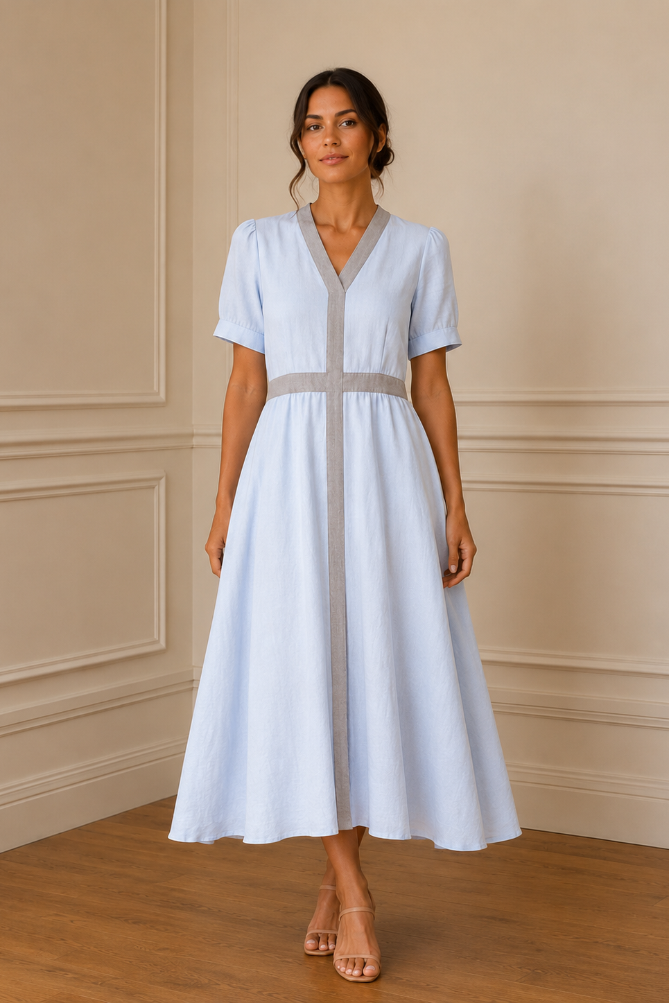 Vestido midi azul celeste con ribetes grises - vista en movimiento