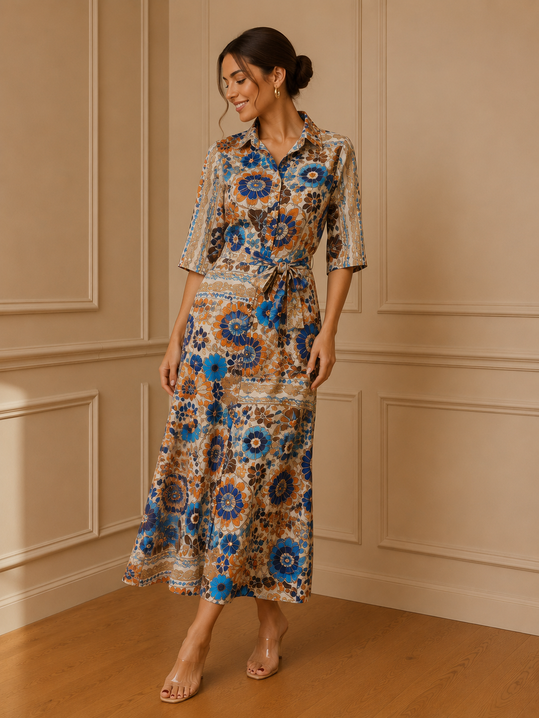 Vestido camisero midi estampado floral multicolor - vista trasera