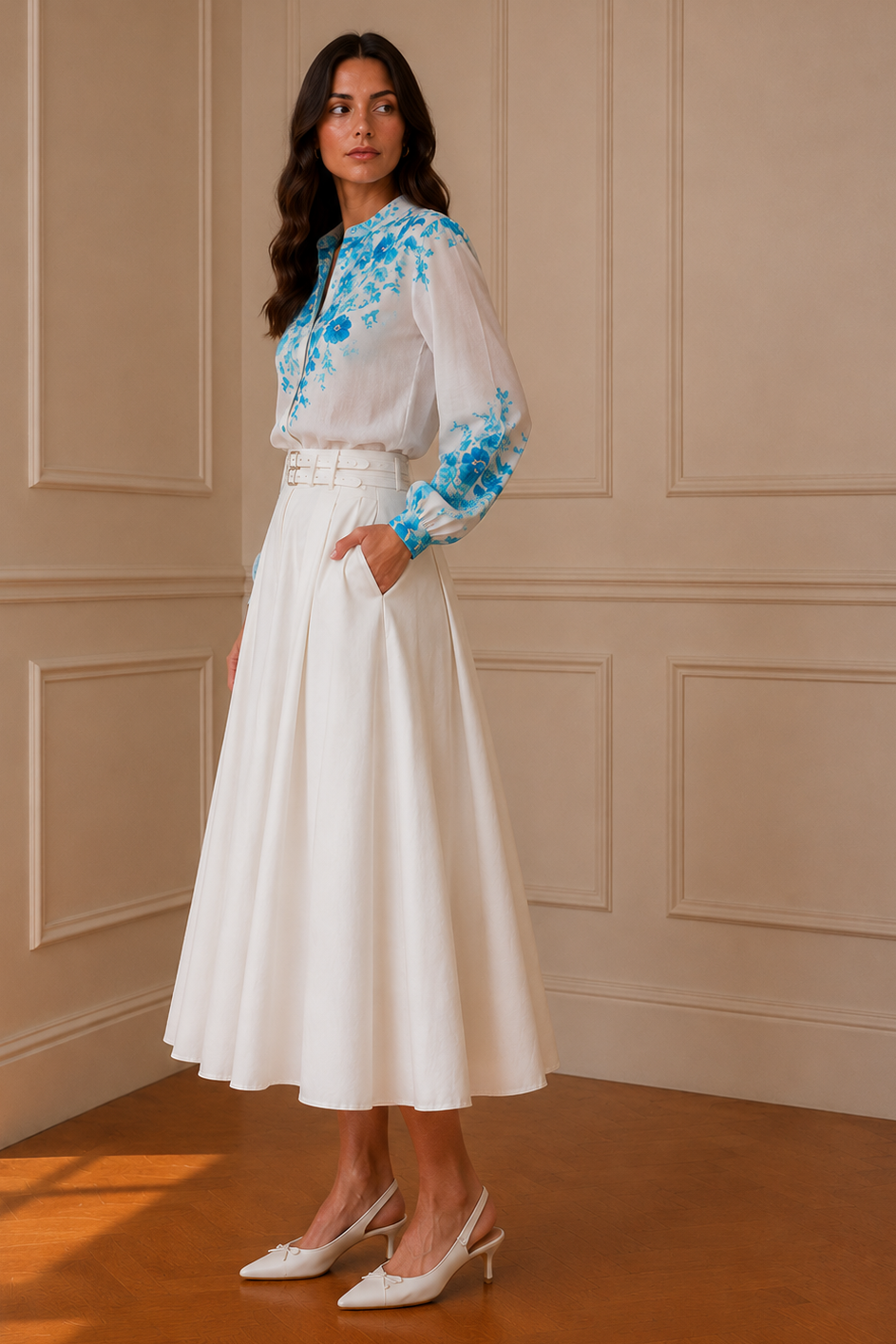 Falda midi blanca con cinturón doble hebilla