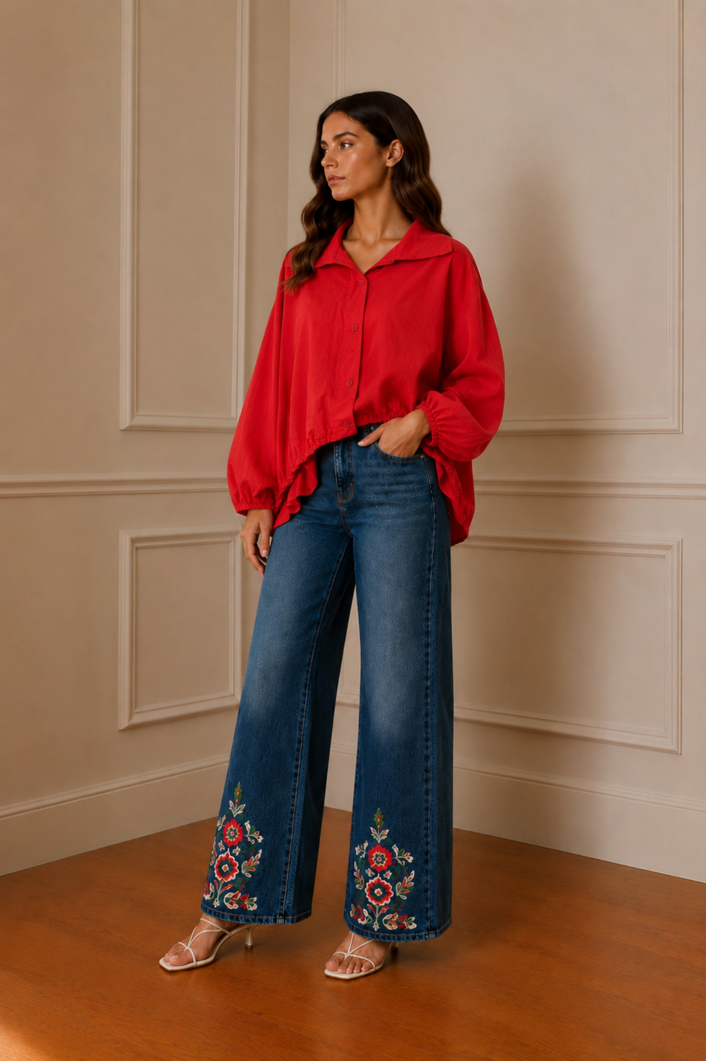 Gabardina roja manga globo - look camisa roja con vaquero bordado