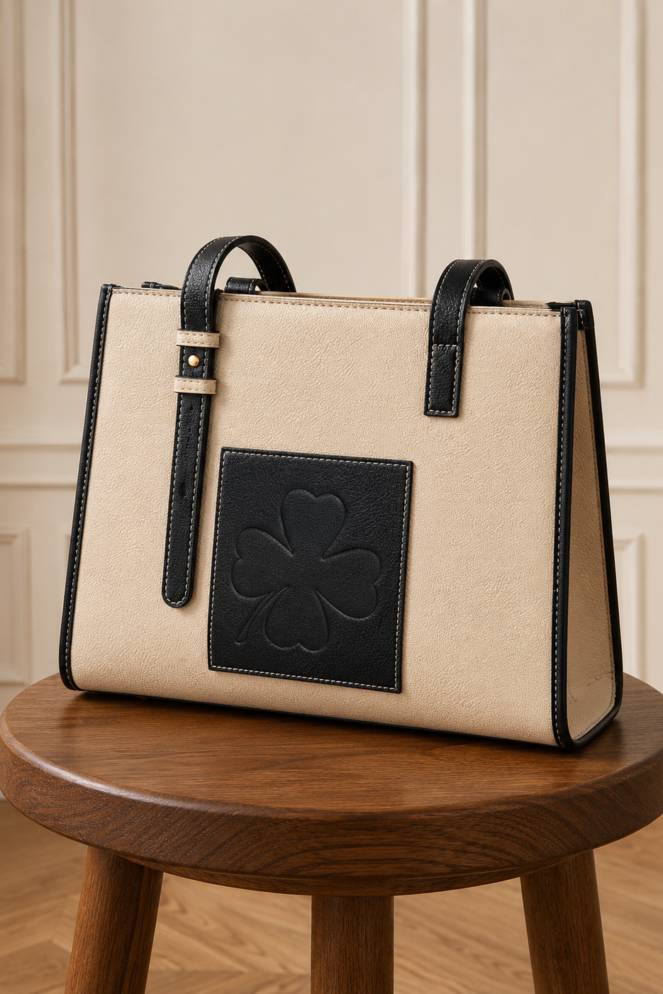 Bolso tote bicolor crema y negro con parche trébol