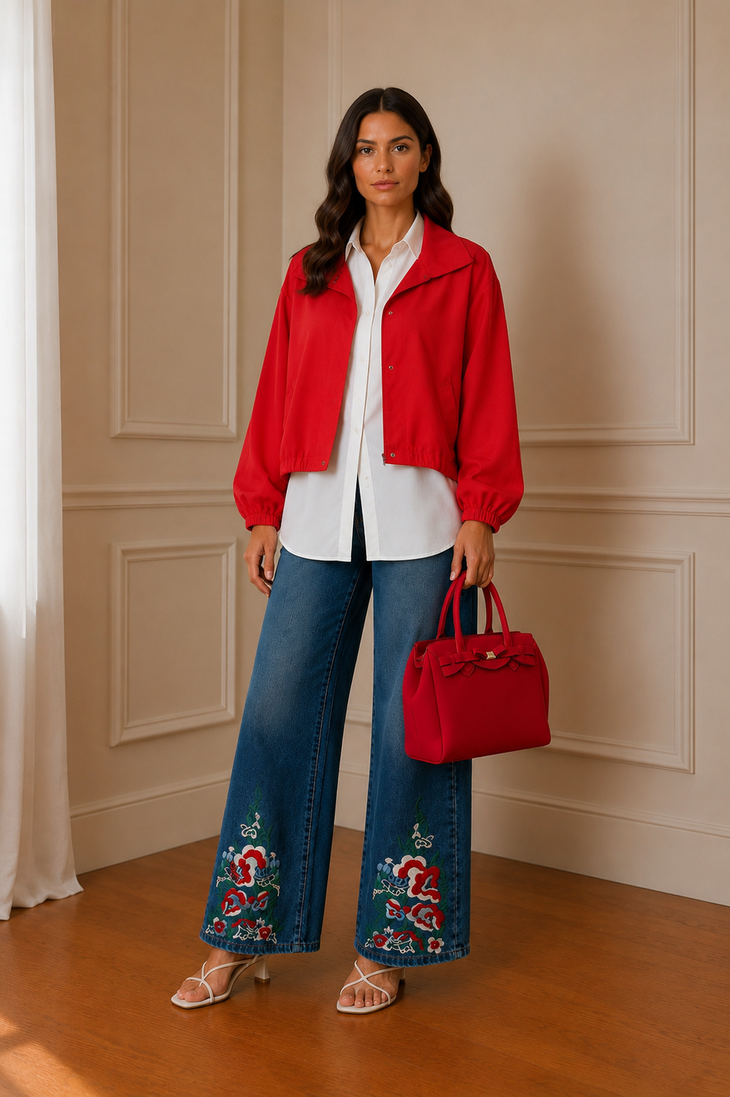 Gabardina roja manga globo - detalle cuello y botones