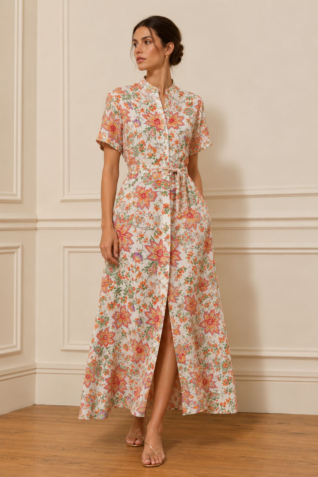Vestido camisero midi floral coral con cuello mao