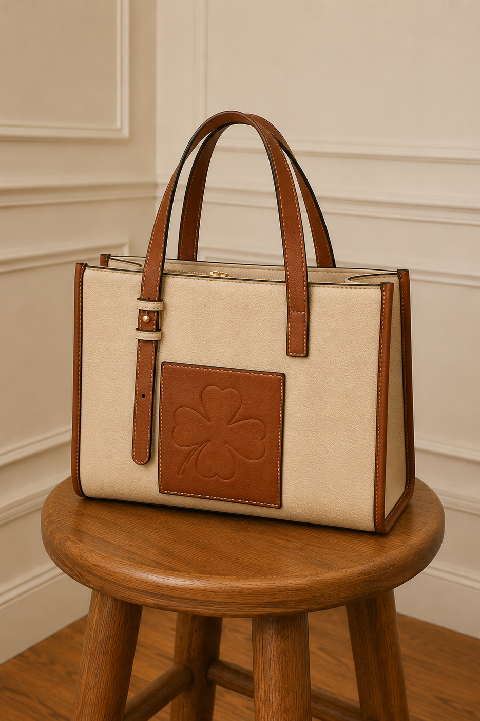 Bolso tote bicolor crema y camel - vista trasera