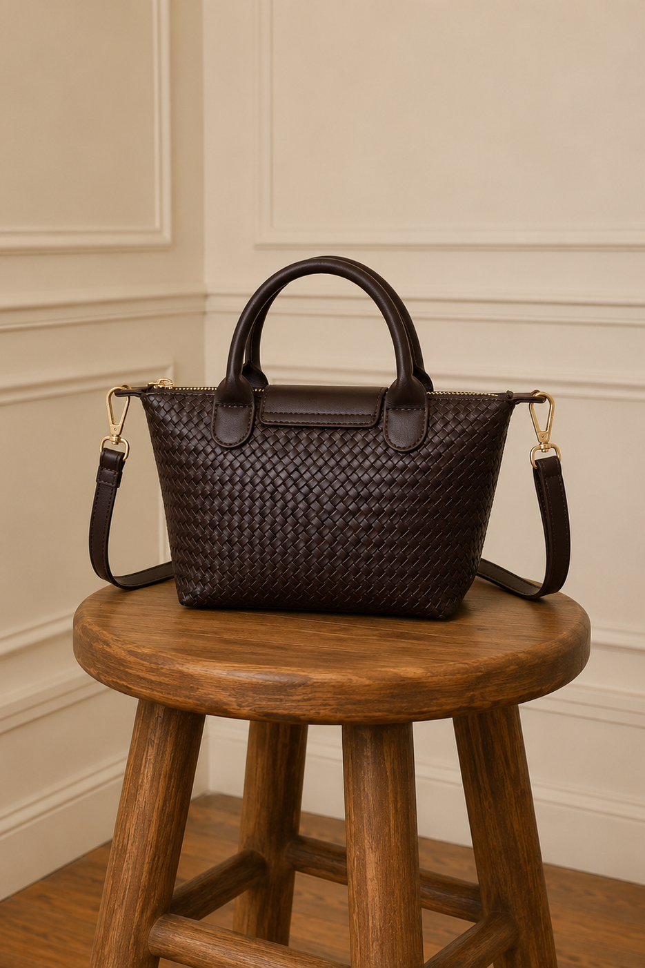 Bolso trenzado marrón con asa