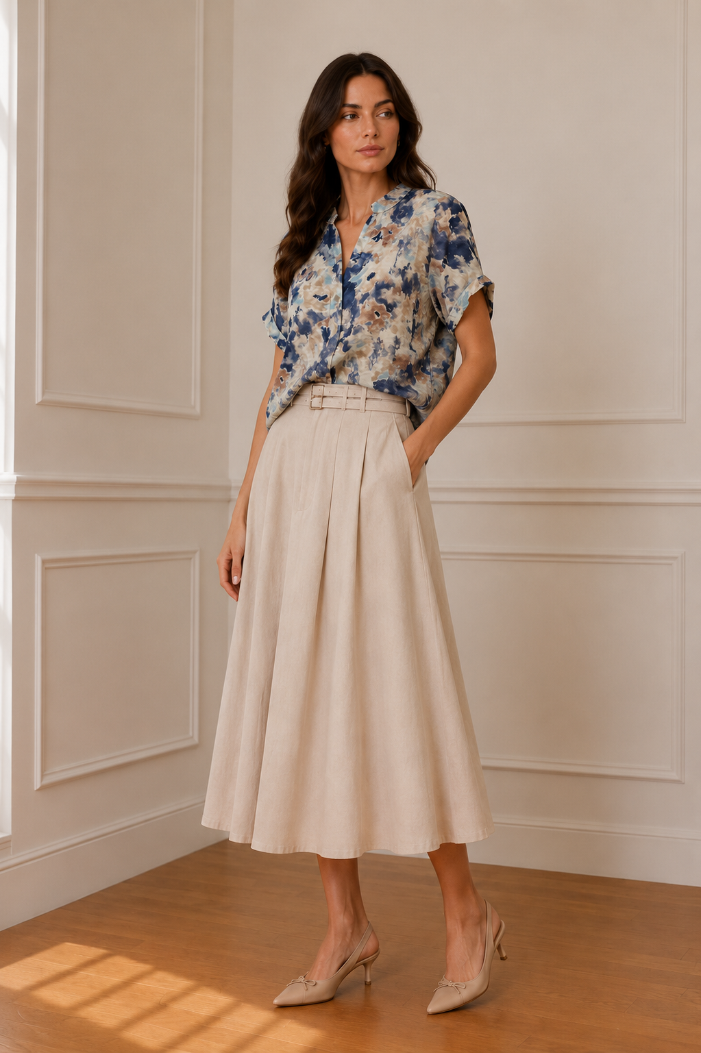 Camisa floral acuarela azul y beige manga corta