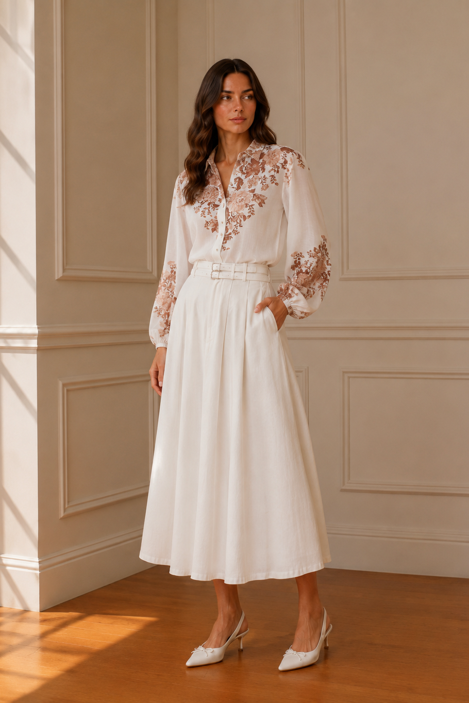 Camisa floral blanca estampado marrón - vista espalda