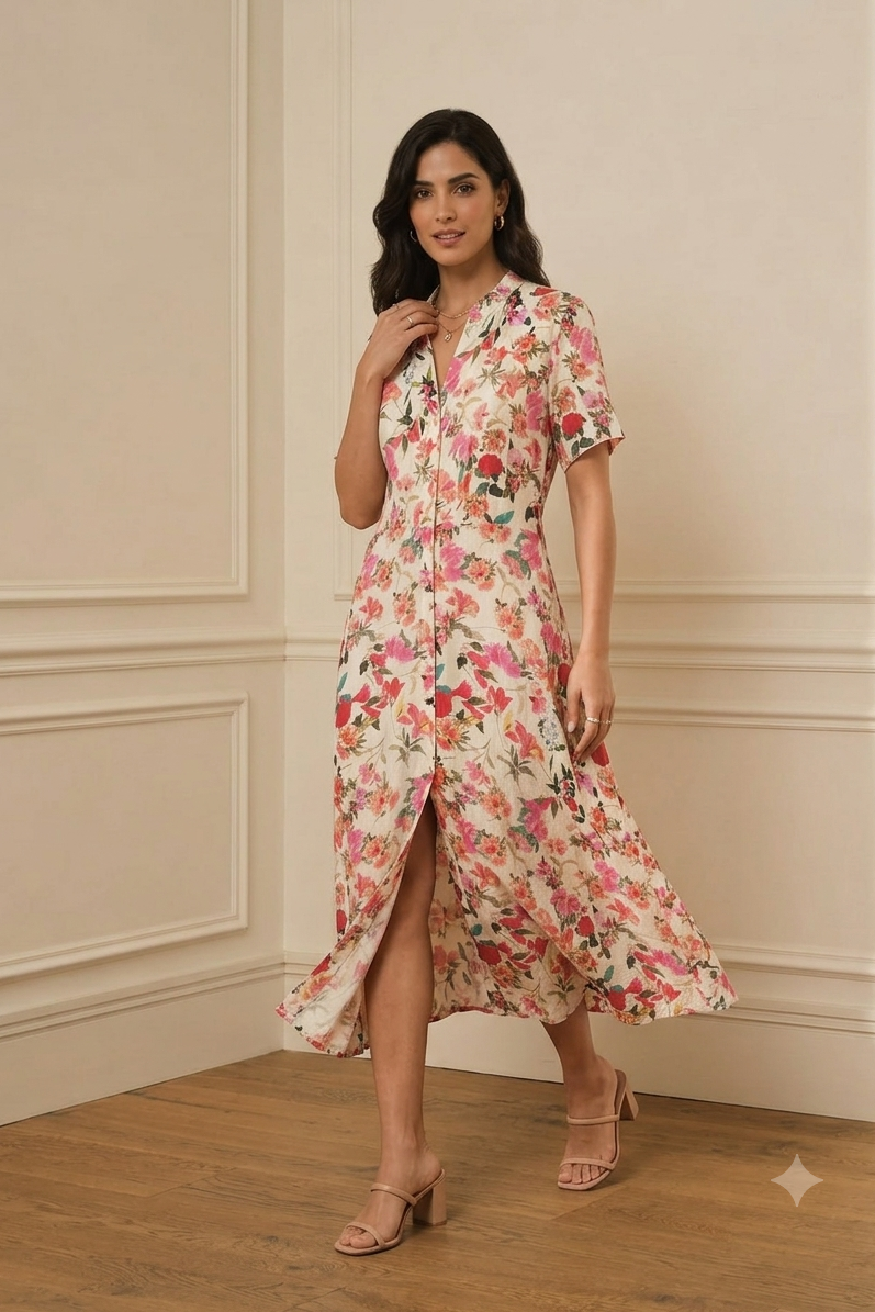Vestido camisero midi floral rosa con abertura frontal
