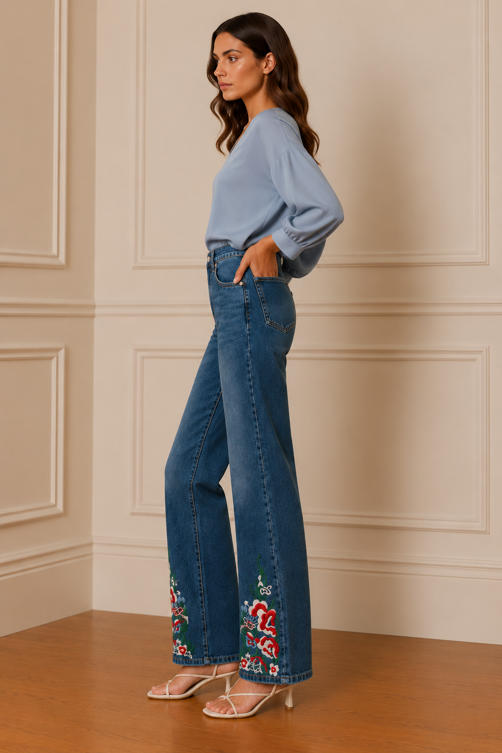 Vaquero wide leg bordado floral azul