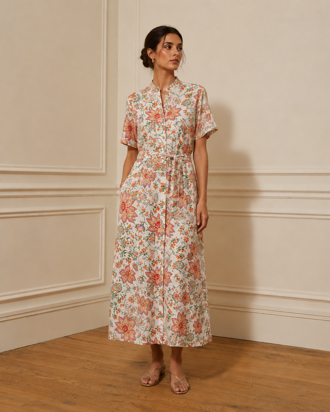 Vestido camisero midi floral coral con cuello mao