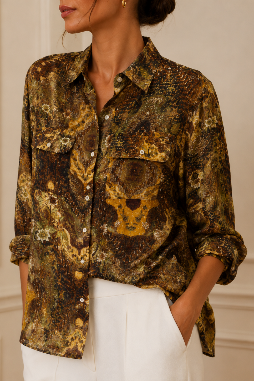 Camisa paisley dorado y verde manga larga