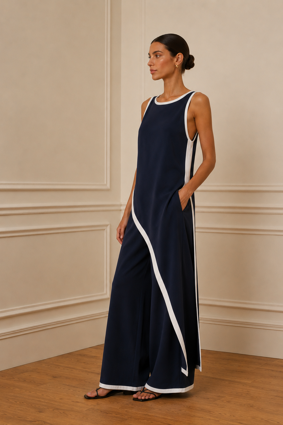 Pantalón palazzo azul marino con ribetes blancos
