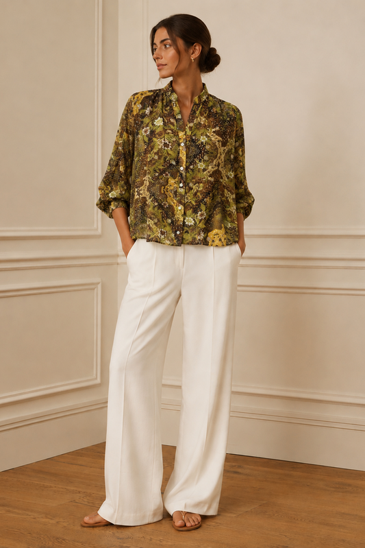 Camisa boho estampado floral dorado y verde