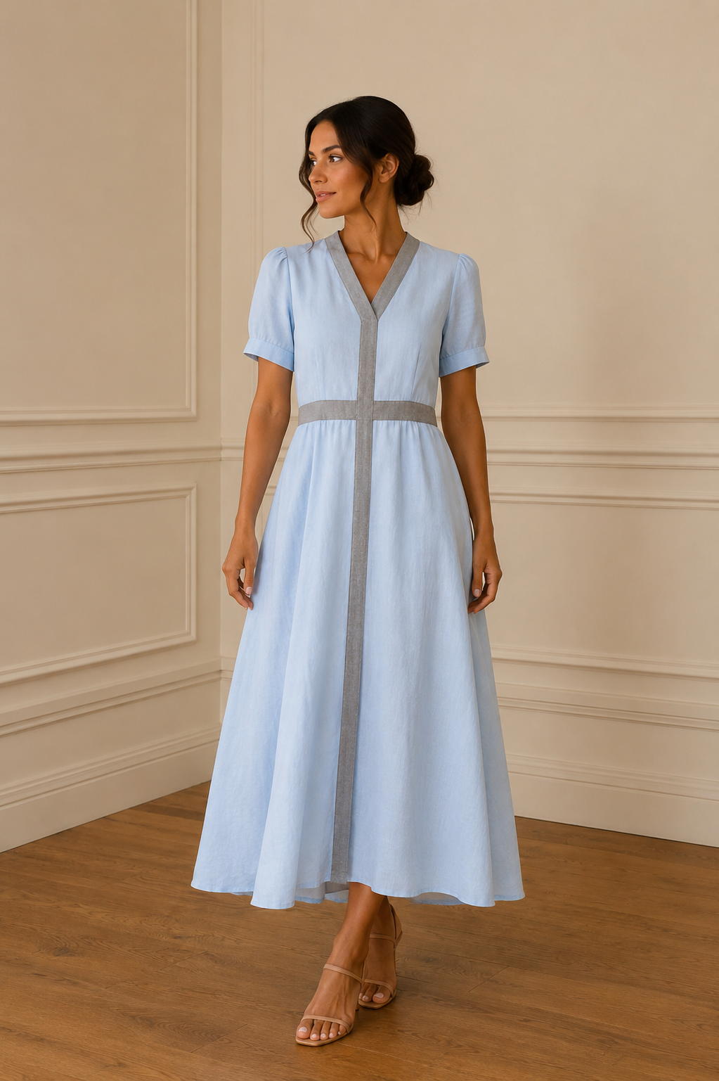 Vestido midi azul celeste con ribetes grises - vista completa
