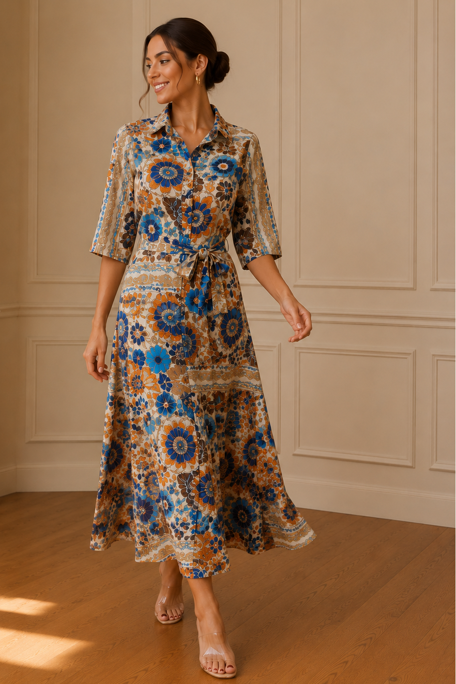 Vestido camisero midi estampado floral multicolor - vista frontal