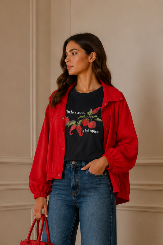 Gabardina roja manga globo - look completo camisa roja lateral