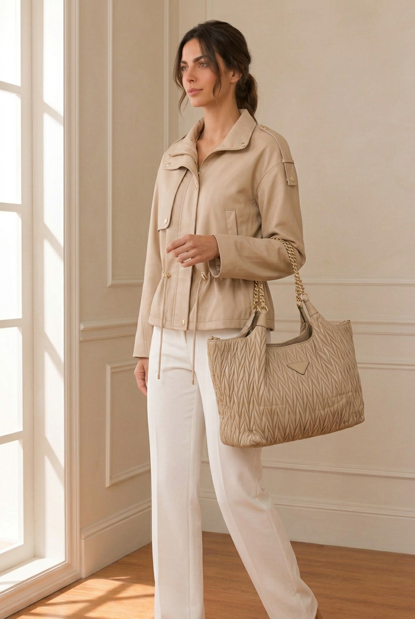 Segunda pose de tres cuartos con el bolso beige al antebrazo