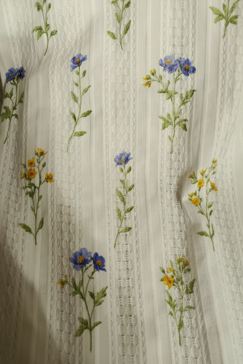 Tejido bordado flores azules y amarillas